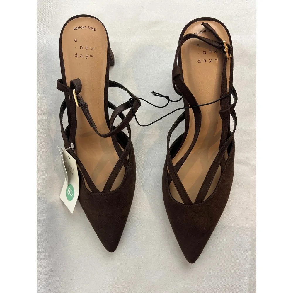 A New Day Womens Strappy Pointed Toe Block Heel Slingback Pumps Brown Size 8.5